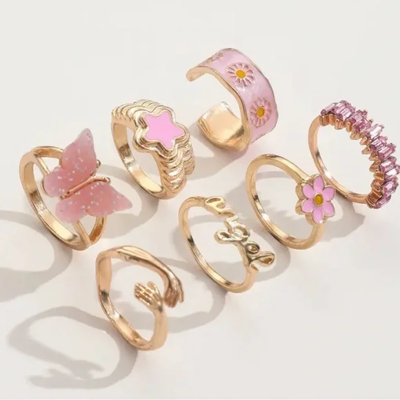 Gold and Pink Butterfly Ring Set - Picture 4 of 8